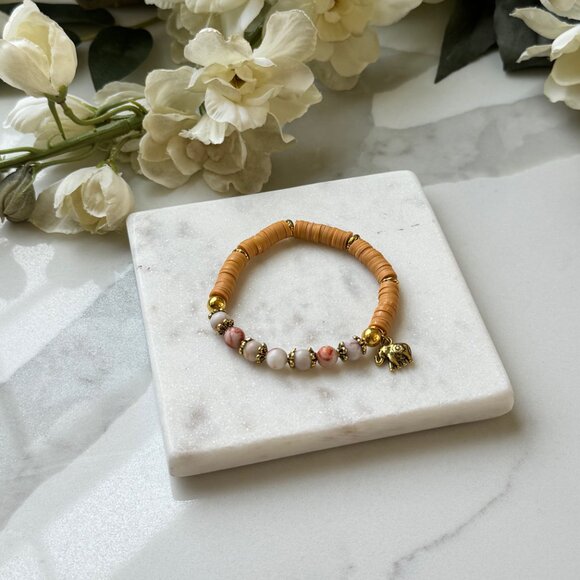 Red vein jasper, clay beads stretch boho bracelet, rubber discs beads jewelry, - Picture 6 of 8